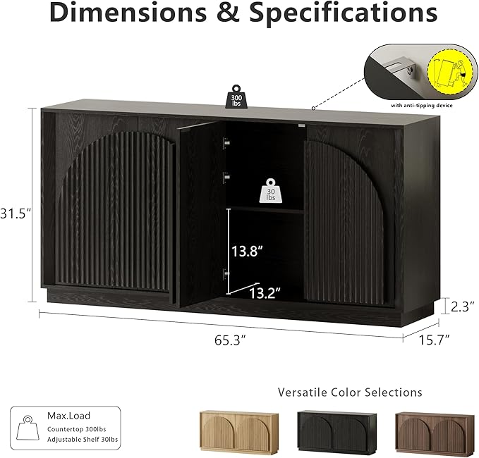 WIN2WIN 65" Fluted Sideboard Buffet Cabinet with Storage, Modern Credenza with Double-Layered Arch Doors, Wood TV Media Console Table Accent Cabinet for Living Room Dining Room Hallway Entryway, Black