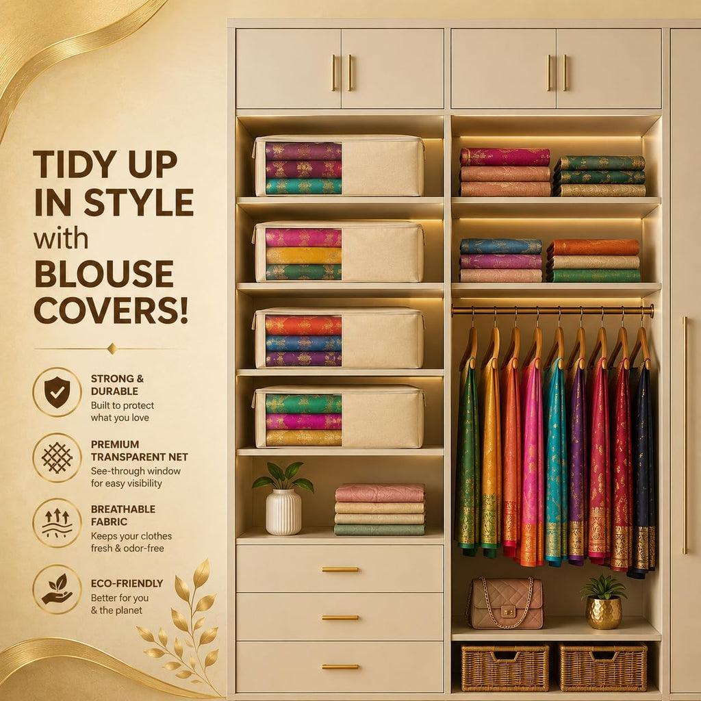Kottify Premium Cotton Canvas Blouse Organizer – Pack of 2 | Durable Blouse Covers for Wardrobe Storage | Protects Saree Blouses – 38x25x17 cm