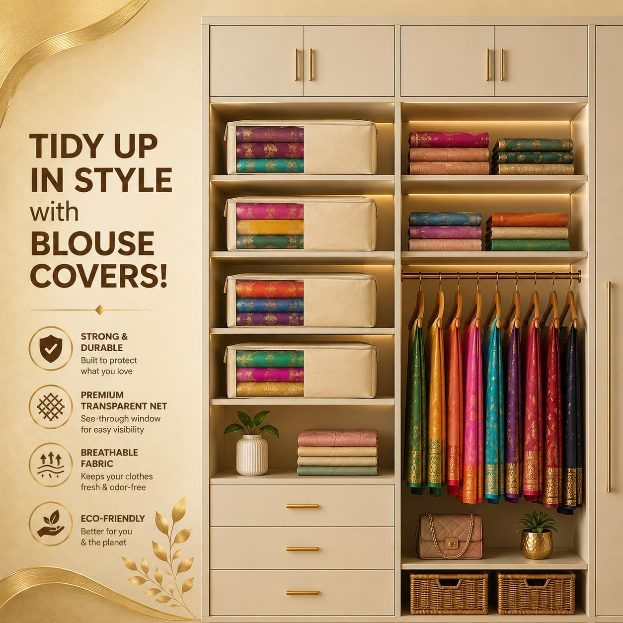 Kottify Premium Cotton Canvas Blouse Organizer – Pack of 2 | Durable Blouse Covers for Wardrobe Storage | Protects Saree Blouses – 38x25x17 cm