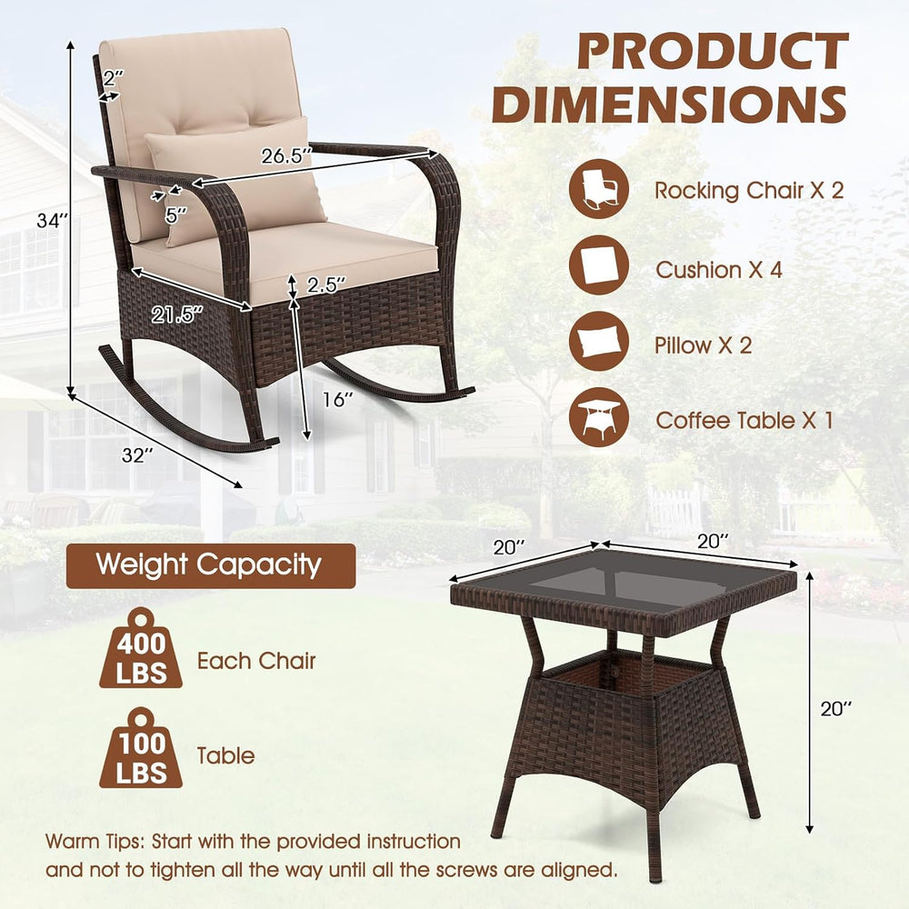 ORALNER 3 Pieces Outdoor Wicker Rocking Chair, Patio Furniture Set (Beige)