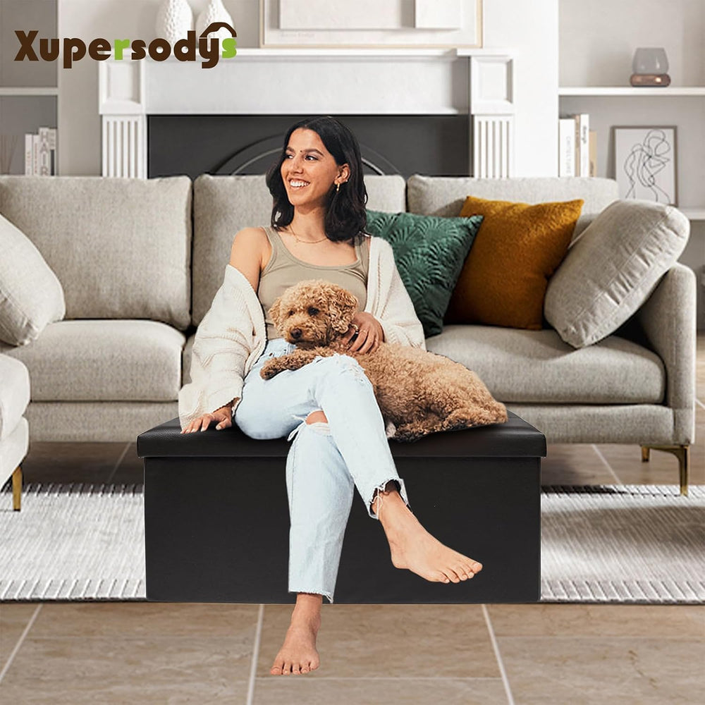 30 Inches Folding Storage Ottoman Bench, Faux Leather Footstool Ottoman, Stor...