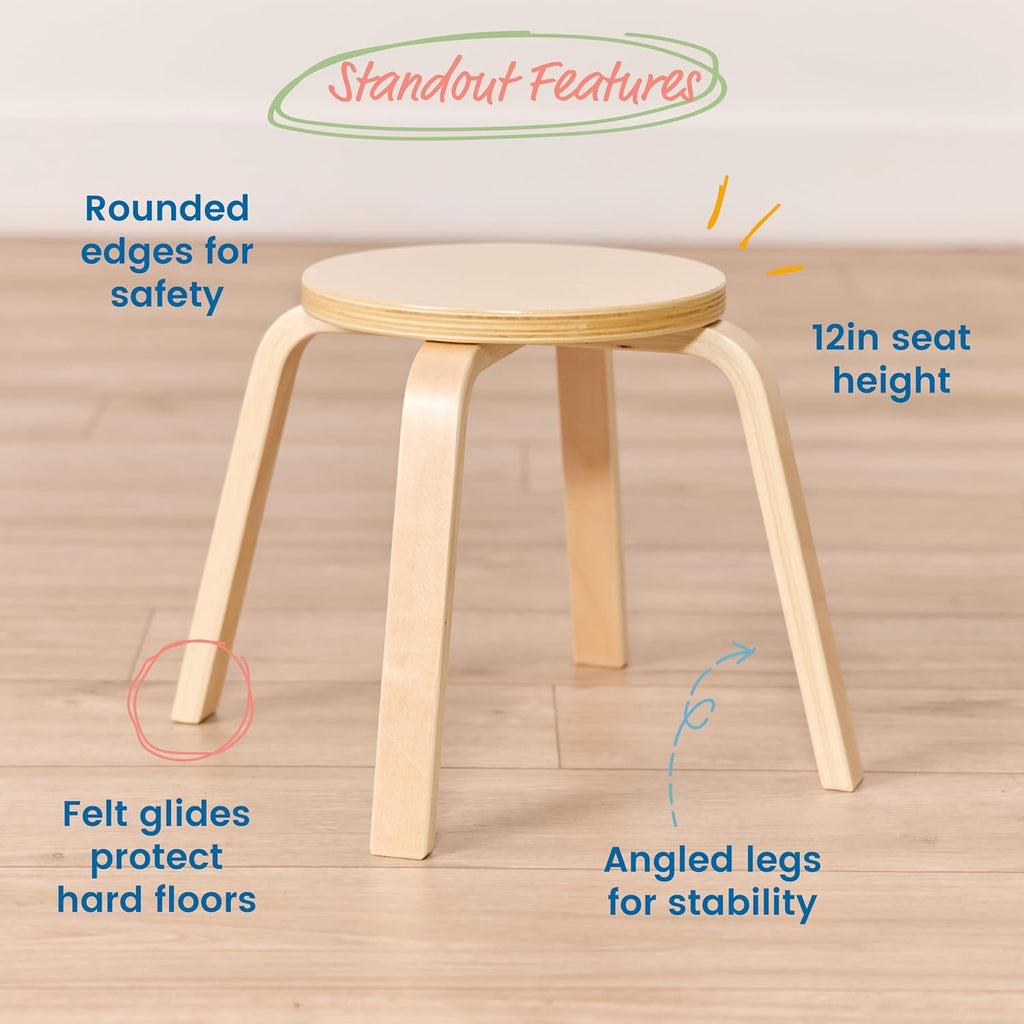 ECR4Kids Bentwood Stackable Stools, 12in Seat Height, Classroom Furniture, Natural, 6-Piece