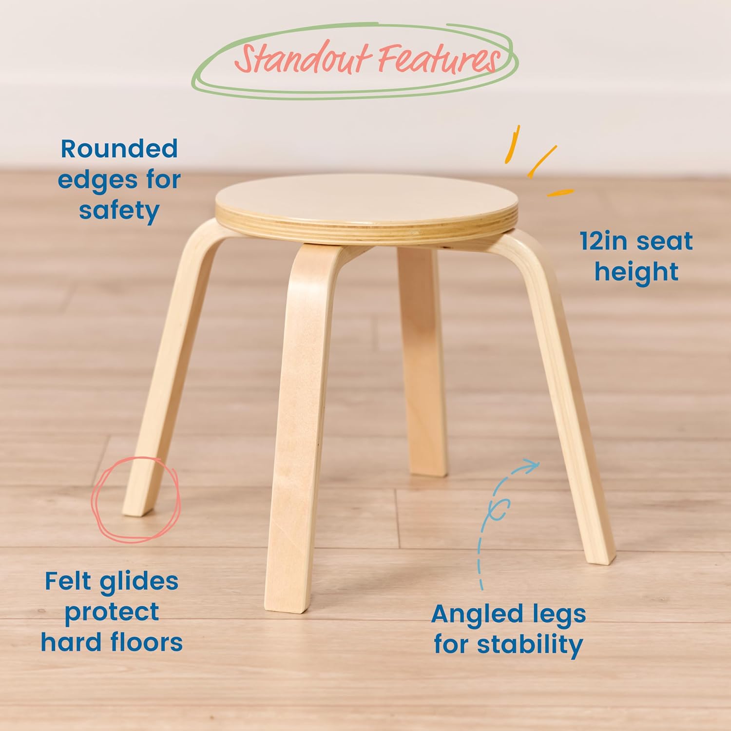 ECR4Kids Bentwood Stackable Stools, 12in Seat Height, Classroom Furniture, Natural, 6-Piece