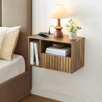 Modern Rustic Brown Fluted Floating Nightstand with Charging Station, NightStand with Drawers, Bedside with USB Ports and Outlets, Bedroom Furniture (Left)