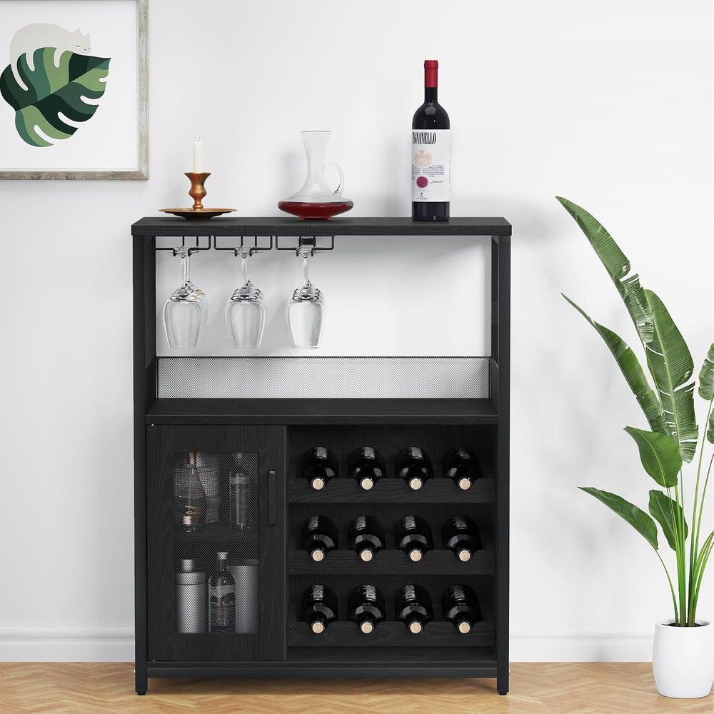 GAOMON Modern 36" Black Wine Bar Cabinet with Mesh Door, Adjustable Glas...