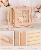 Homde Christmas Gifts Jewelry Box 360° Rotating, Necklace Earring Organizer with Transparent Window, Mirror, 7 Drawers, Large Ring Display Storage Case for Girls Women (Peach Pink)