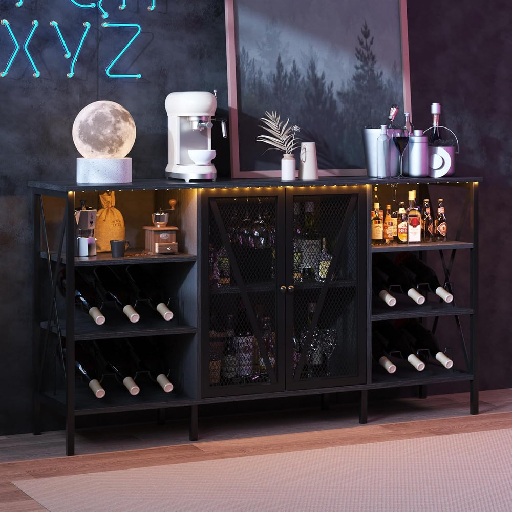 Wine Bar Cabinet with Doors, 55" Freestanding Iron Metal Sideboard Buffe...