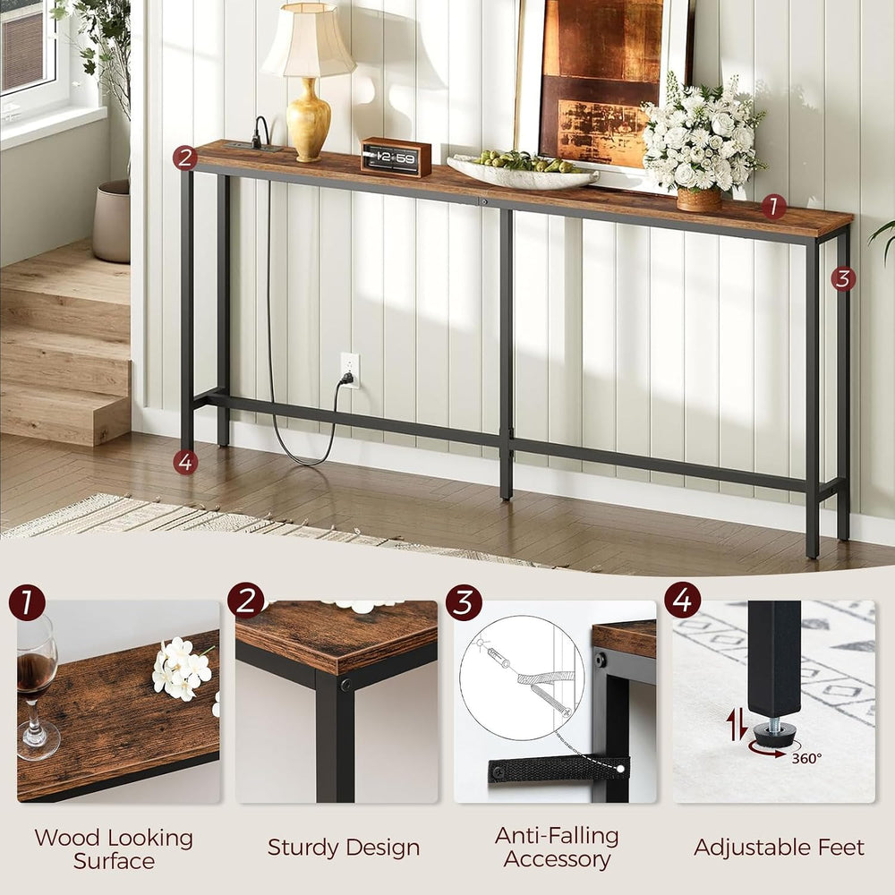 MAHANCRIS 70.9'' Console Table with Power Outlet, Narrow Sofa Table w...