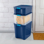 Sterilite 18 Gal Latch and Carry, Stackable Storage Bin with Latching Lid, Plastic Container to Organize Closets, Clear with Blue Lid, 6-Pack