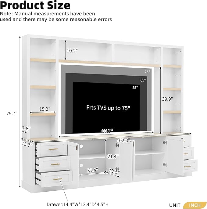 Merax 102.3 Inch Wide Farmhouse Entertainment Center, Rustic TV Stand with 6 Drawers & Adjustable Shelves, Large Media Console for TVs up to 75", Modern Bookshelves Wall Unit, White