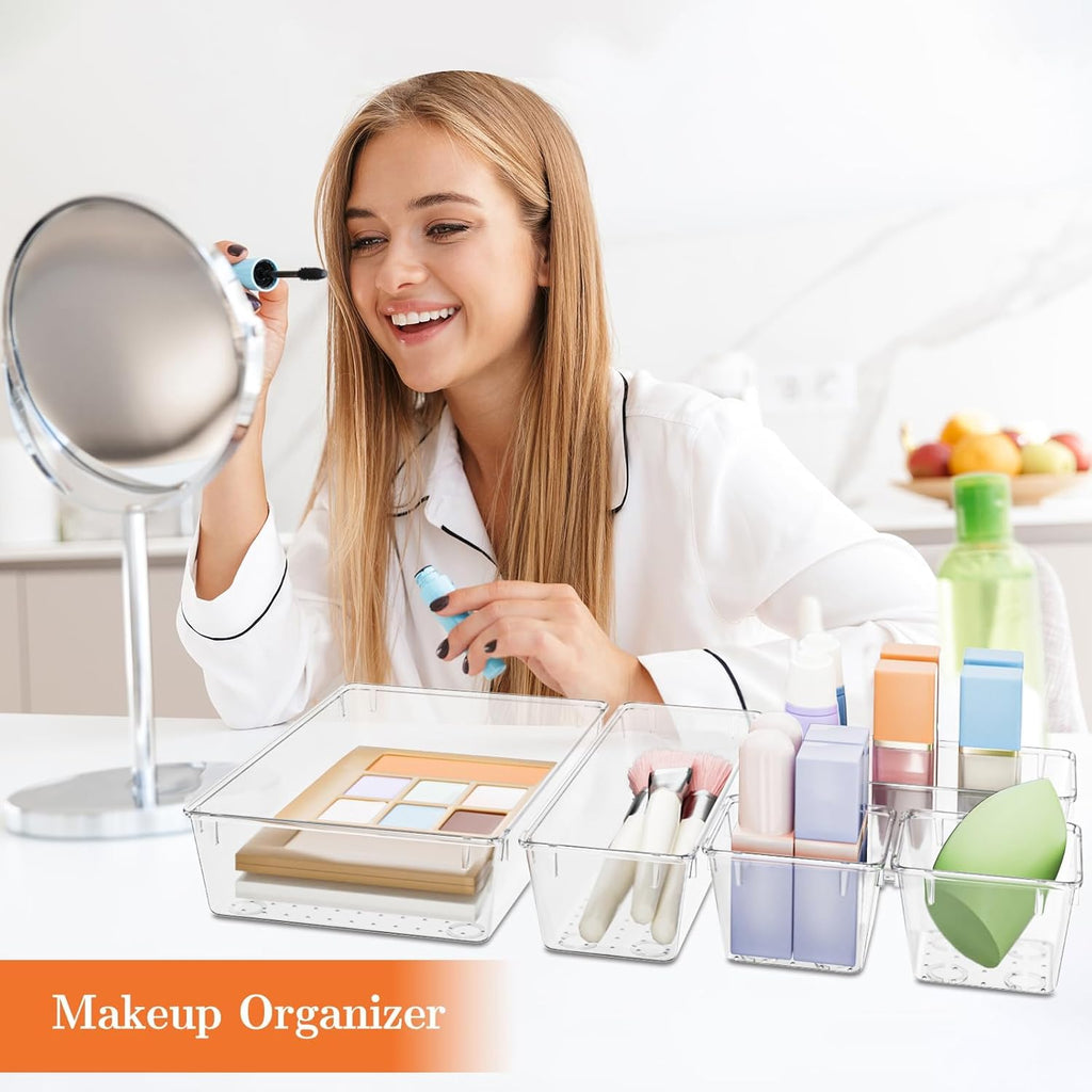 25 PCS Plastic Drawer Organizer Set, 4-Size Versatile Organizer Trays & storage Bins for Makeup, Jewelry, and Gadgets in Bathroom, Bedroom and Office,Clear White