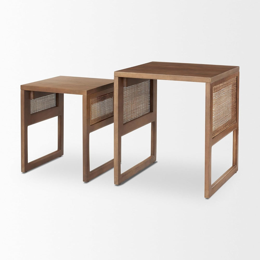 Mercana Grier Set of 2 Medium Brown Solid Wood w/Cane Nesting Accent Tables