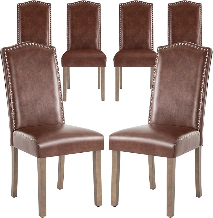 Upholstered Dining Chair Modern Stylish Parsons Kitchen Diner High Back with Silver Nailhead Trim & Wood Legs, Set of 6, PU Leather Light Brown