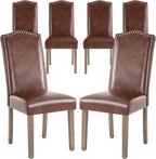 Upholstered Dining Chair Modern Stylish Parsons Kitchen Diner High Back with Silver Nailhead Trim & Wood Legs, Set of 6, PU Leather Light Brown
