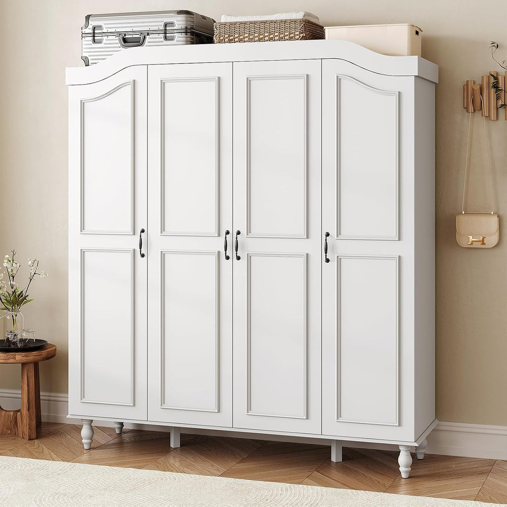 71" H Arched Armoire Wardrobe Closet with 4 Doors, Wooden, White | Large...