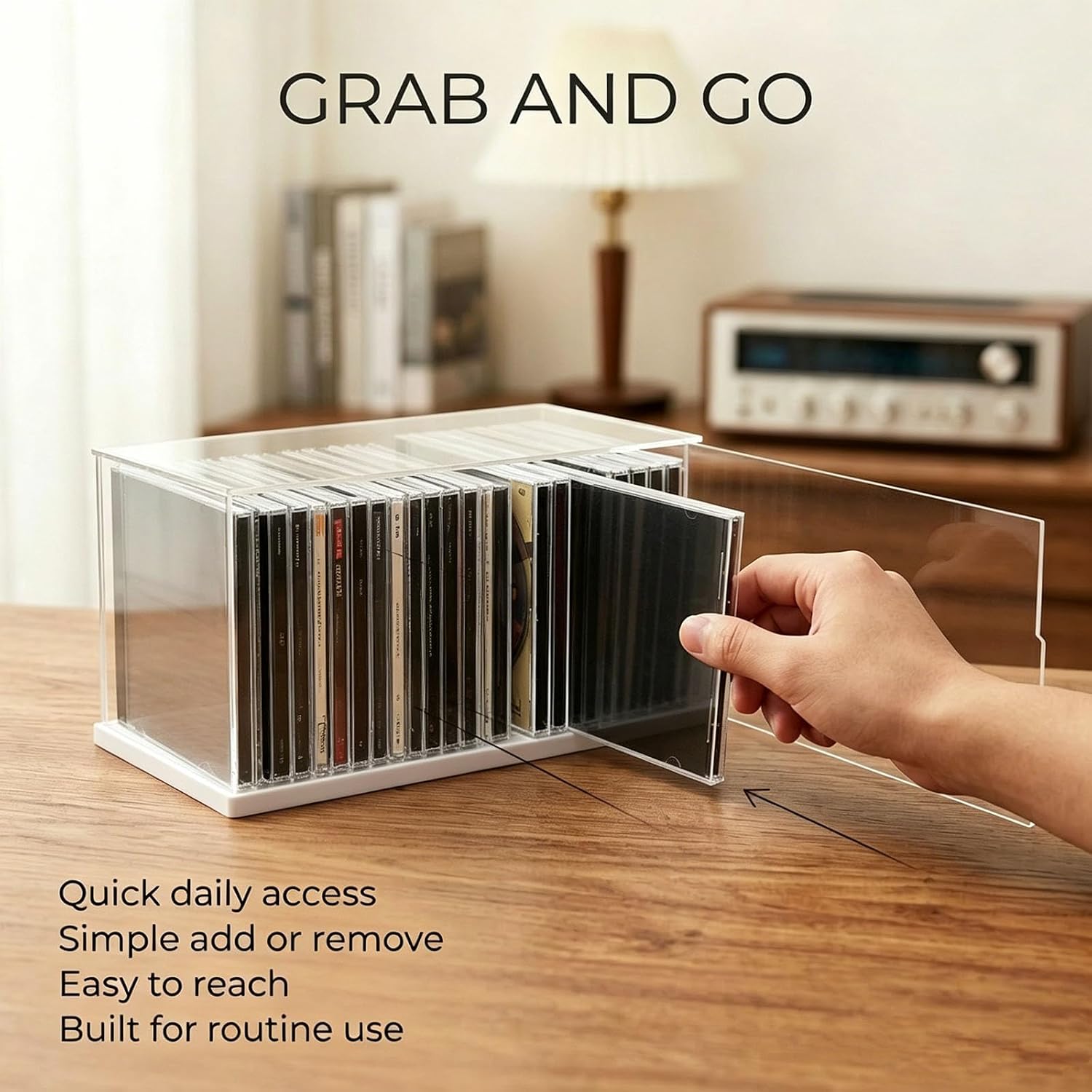 Clear Acrylic CD Holder Rack, Stackable CD Storage Box with Dustproof Door, DVD Display Case and Media Organizer for Music Disc, Blu Ray, Game Cases, Cassette, Shelf or Desktop