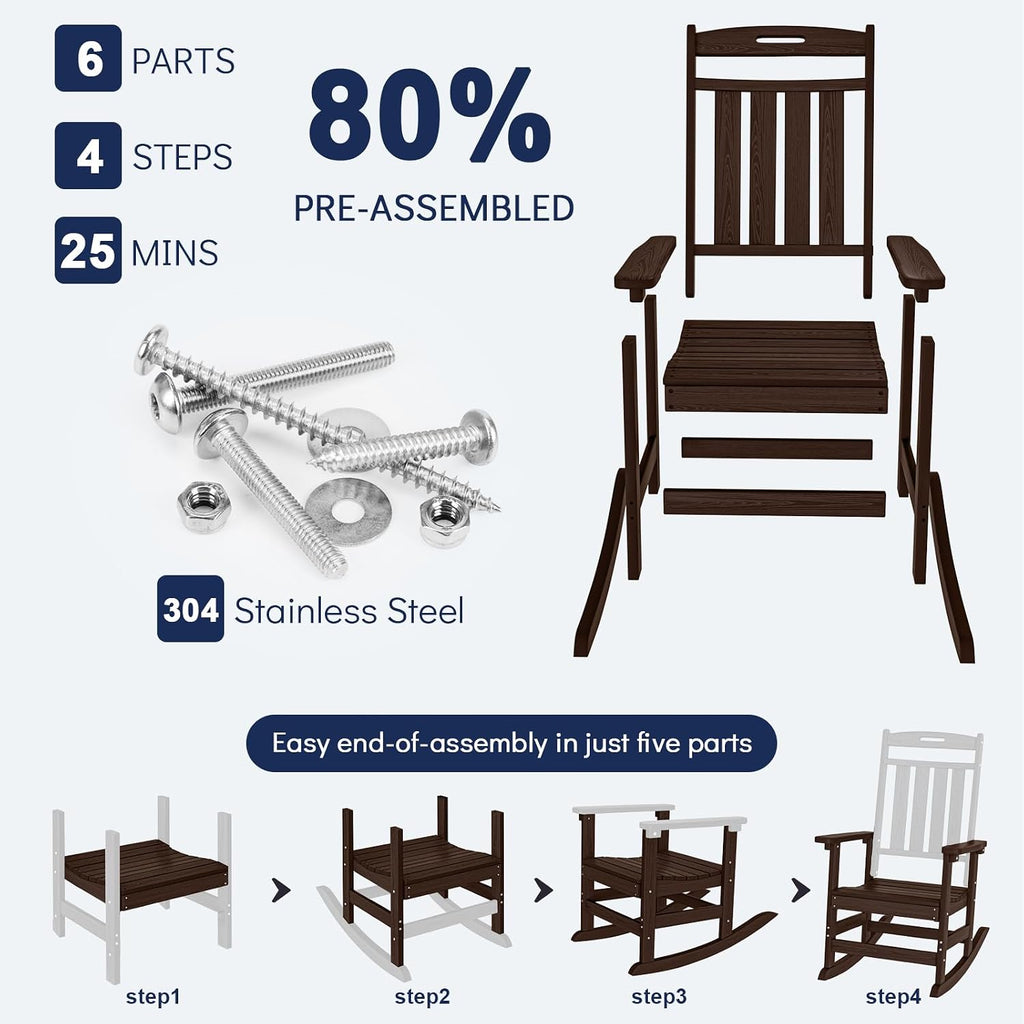 Oversized HDPE Outdoor Rocking Chair Set of 2, All-Weather, Coffee | Heavy Duty Patio Rockers with High Back, Extra Large & Extra Wide, Supports up to 380lbs, Perfect for Porch, Lawn, Garden