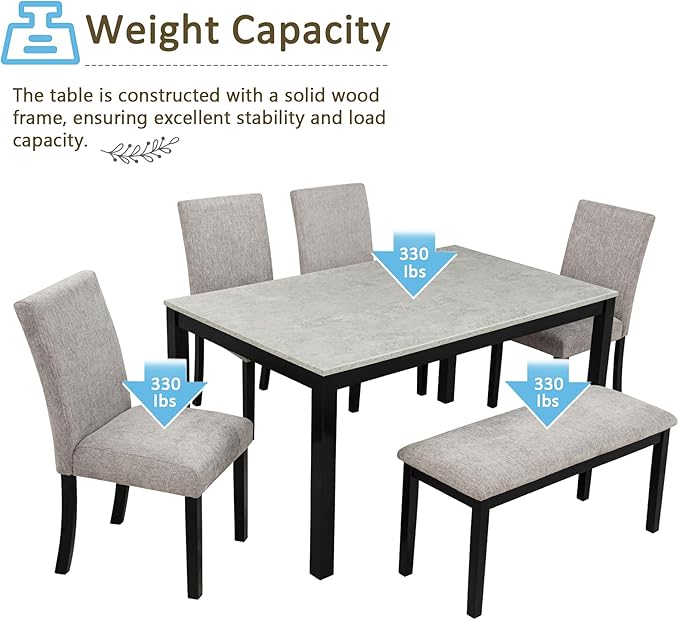 KEIKI 6-Piece Standard Height Dining Table Set with Rectangular Table, 4 Upholstered Curved Backrset Chair, Bench, for 6 Person, Modern Table Set, Easy Assembly, for Kitchen, Dining Room, Black+Gray