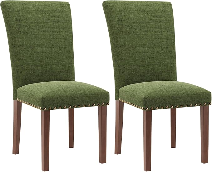 Stylish Dining Chairs Set of 2, Upholstered Parsons Dining Room Chair with Nailhead Trim, Kitchen Room Chair with Thick Cushions and Wood Legs, Nailhead Trim, Green