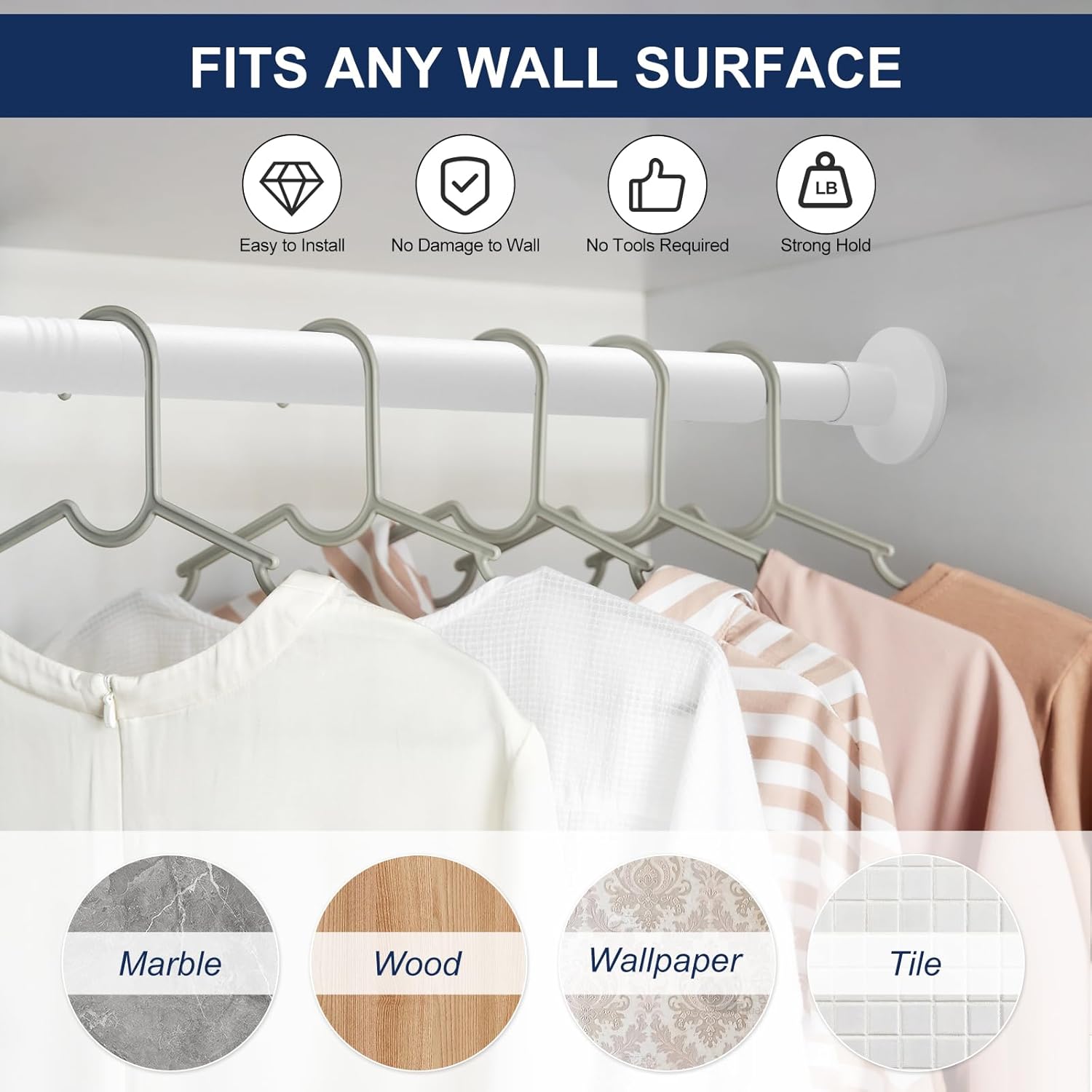 No Drilling Closet Rod, 27.5-74 Inches Hanging Closet Rod for Clothes, Closet Bar & Pole Heavy-duty, Closet Rods for Hanging Clothes For Closet Wardrobes Bathroom Laundry RV Curtains,White