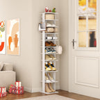 HOMEFORT 10-Tier Vertical Shoe Rack, Corner Shoe Tower, Slim Shoe Organizer with Two Hanging Hooks, Wooden Shoe Storage Stand for Entryway, Hallway, Closet (White)