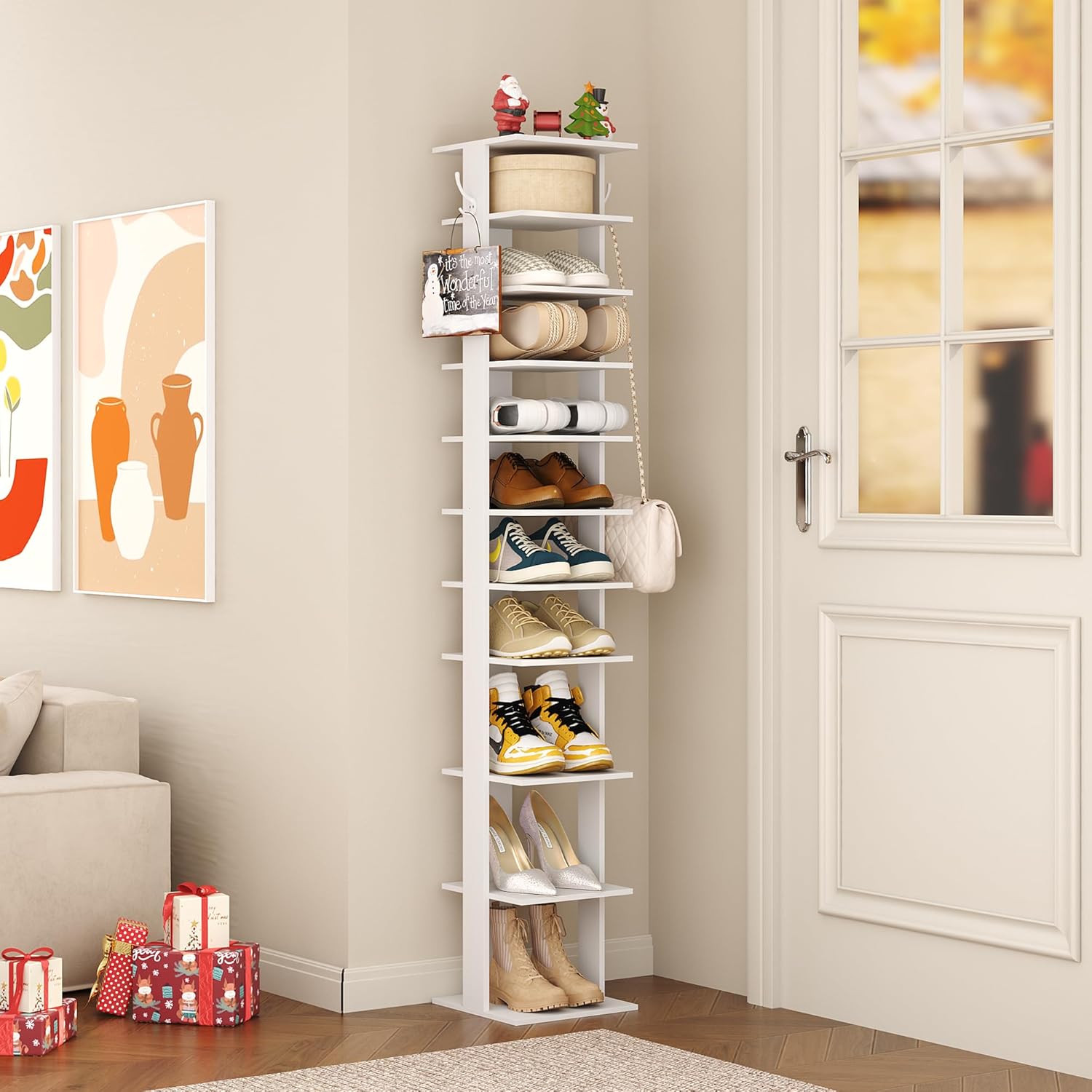 HOMEFORT 10-Tier Vertical Shoe Rack, Corner Shoe Tower, Slim Shoe Organizer with Two Hanging Hooks, Wooden Shoe Storage Stand for Entryway, Hallway, Closet (White)