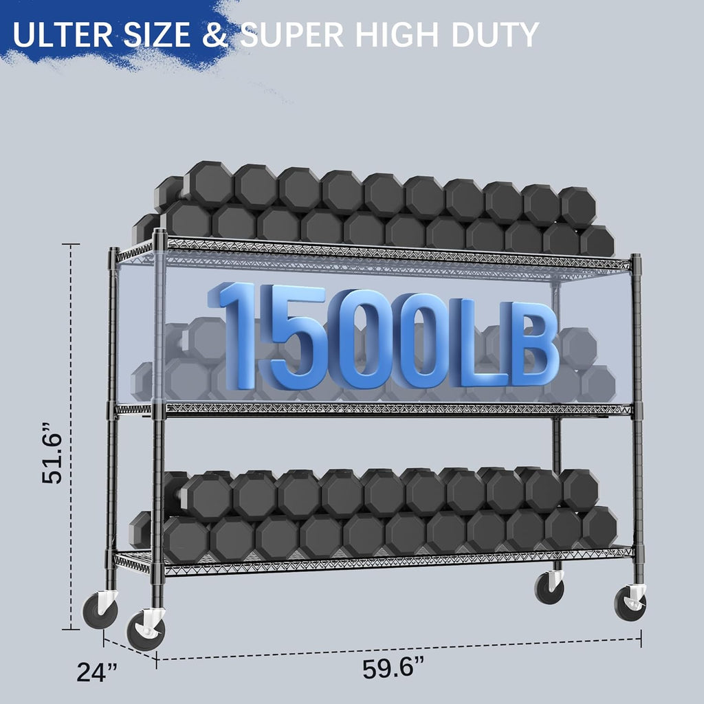 Heavy Duty Shelving, 51.6" H Garage Shelving Unit with Wheels, 3-Tier Garage Storage Shelves Metal Shelves Rack, Adjustable Industrial Shelving for Warehouse Storage, 60" W x 24" D x 51.6" H, Black