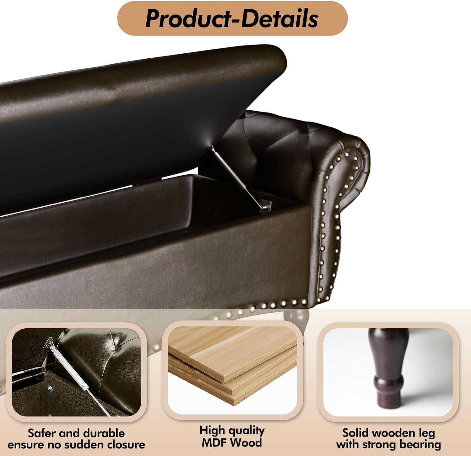 ZZW Storage Ottoman Bench, 51" Length Upholstered End of Bed Storage Bench for Bedroom with Safety Hinge, Tufted Bed Benches with Rolled Arm and Nailhead Trim for Living Room, Entryway Dark Brown
