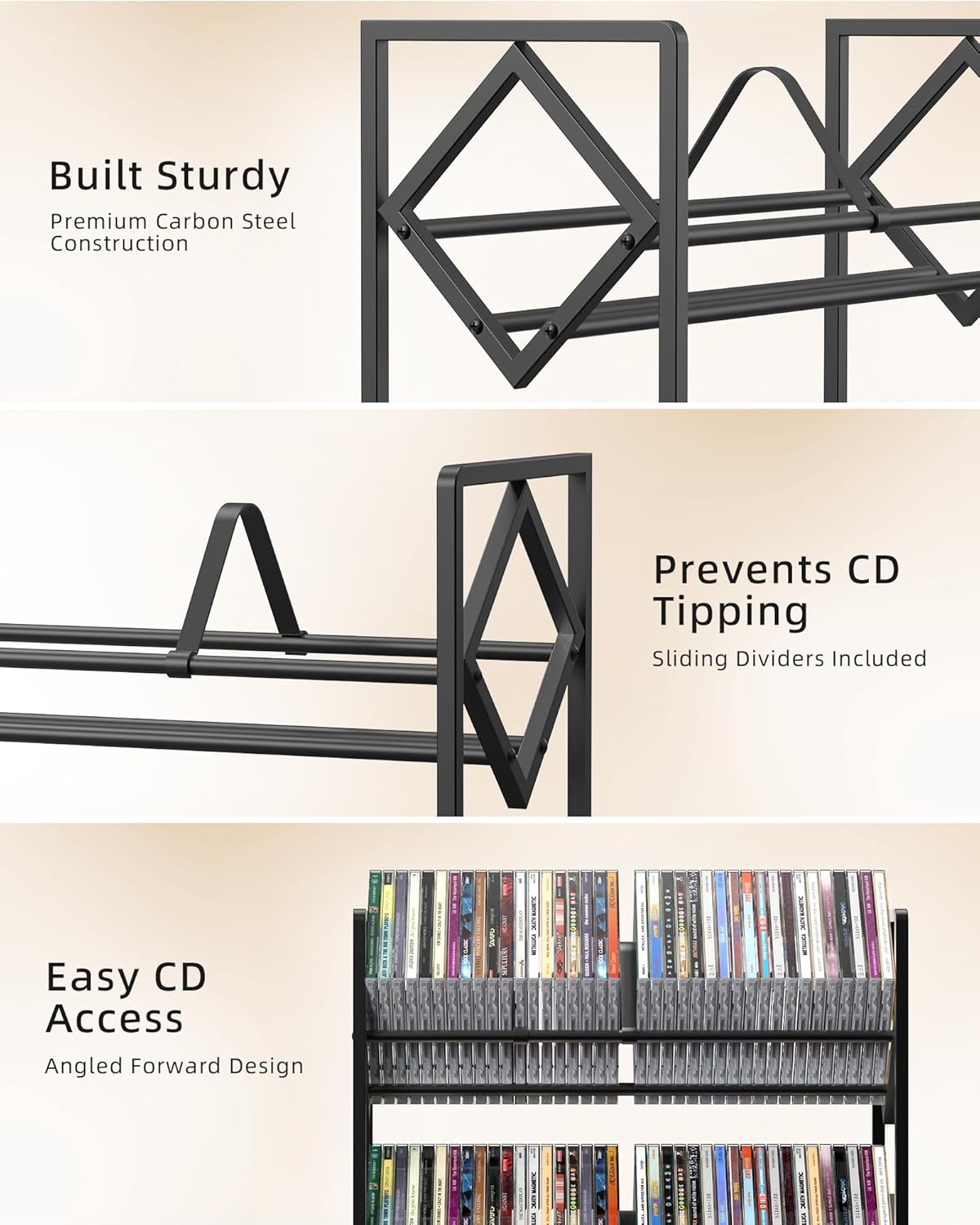 2-Tier CD Storage Metal Display Shelf, CD Holder Rack with Adjustable Divider, Store up to 80 CDs for Non-slip Feet, Modern for Music Collection Enthusiasts Home Organization and Decor