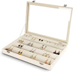 Frebeauty Earring Organizer Tray with Clear Lid 64 Slots Velvet Drawer Insert Earring Storage box with Transparent Glass lid Jewelry Display Case Store Showcase Gifts for Women(Beige, Earrings)