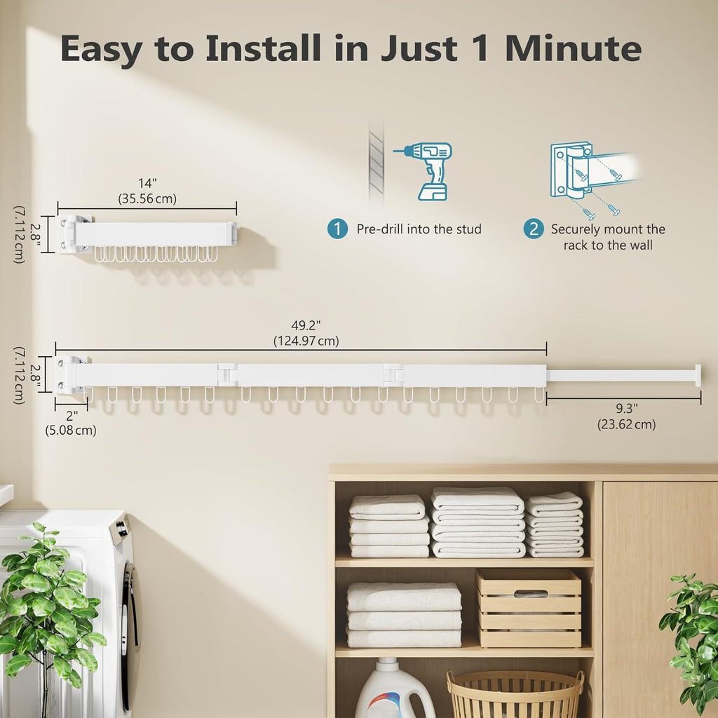 JAUREE Clothes Drying Rack Wall Mounted, Space-Saving Drying Rack Clothing, Collapsible Foldable Retractable Laundry Rack with 18 Hooks, Indoor/Outdoor, White