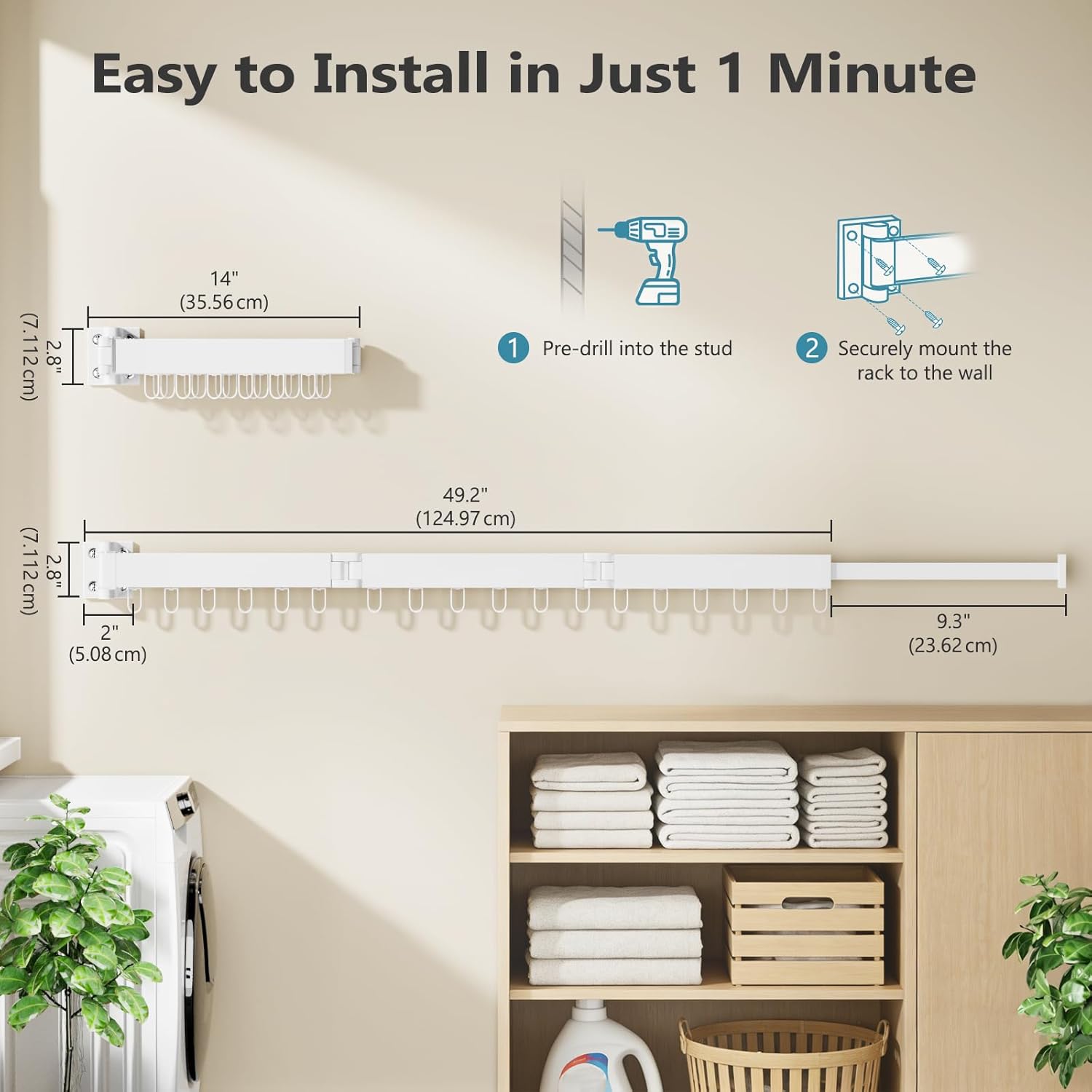 JAUREE Clothes Drying Rack Wall Mounted, Space-Saving Drying Rack Clothing, Collapsible Foldable Retractable Laundry Rack with 18 Hooks, Indoor/Outdoor, White