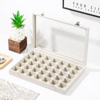 Coward Ring Earring Jewelry Organizer Box, 35 Grids Dustproof Display Holder Case, Beige Velvet Jewelry Bead Display Tray Case with Transparent Glass Lid for Momen Girls
