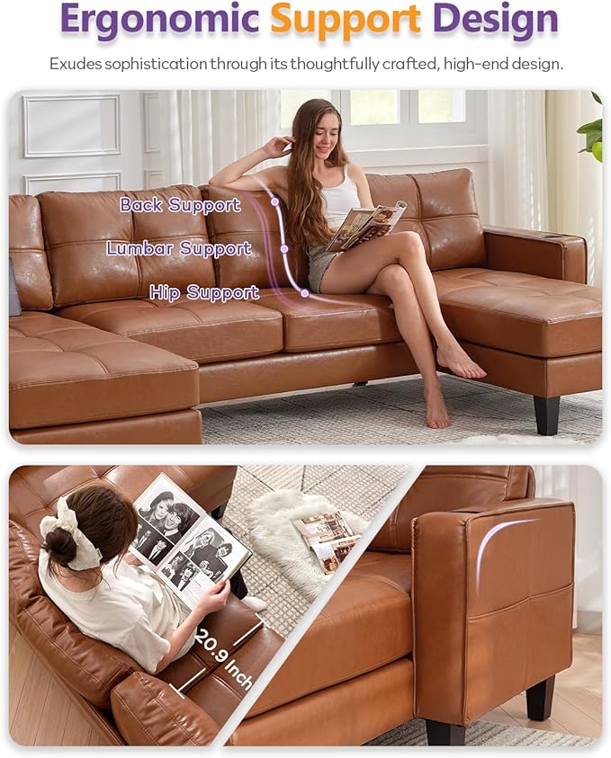 TYBOATLE 116’’ W Brown Faux Leather Sectional Couch w/USB and Cup Holders for Living Room, Comfy Tufted U Shaped Sofa w/Chaise Lounge, Office Leather Sofa for Bedroom