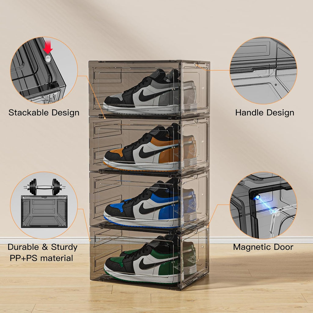 Thicken Sturdy Shoe Storage Boxes Stackable Shoe Organizer for Closet, 9Pack Drop Front Shoe Box with Magnetic Door, Shoe Container for Sneaker Storage, Clear Shoe Rack, Fit US Size up to 13, Black
