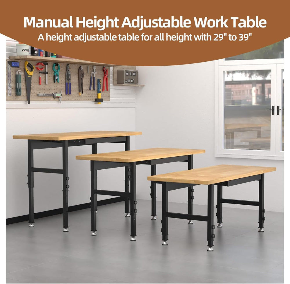 48'' Adjustable Workbench, Solid Wood Work Bench Table, Metal Tool Be...