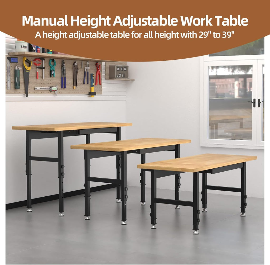 48'' Adjustable Workbench, Solid Wood Work Bench Table, Metal Tool Bench Work Bench with Power Outlet, Heavy Duty Large Load Capacity Garage Workbench Workshop Table for Workshop,Office,Home
