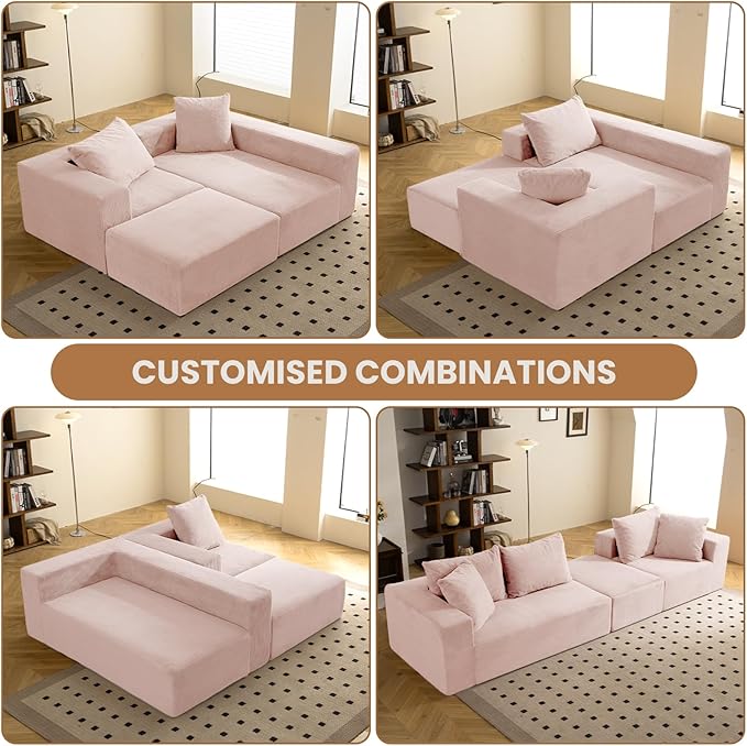 108" L-Shaped Boneless Couch, Modular Sectional Sofa with Moveable Ottoman, Corduroy Cloud Couches for Living Room, No Assembly, Ship in a Box, Pink