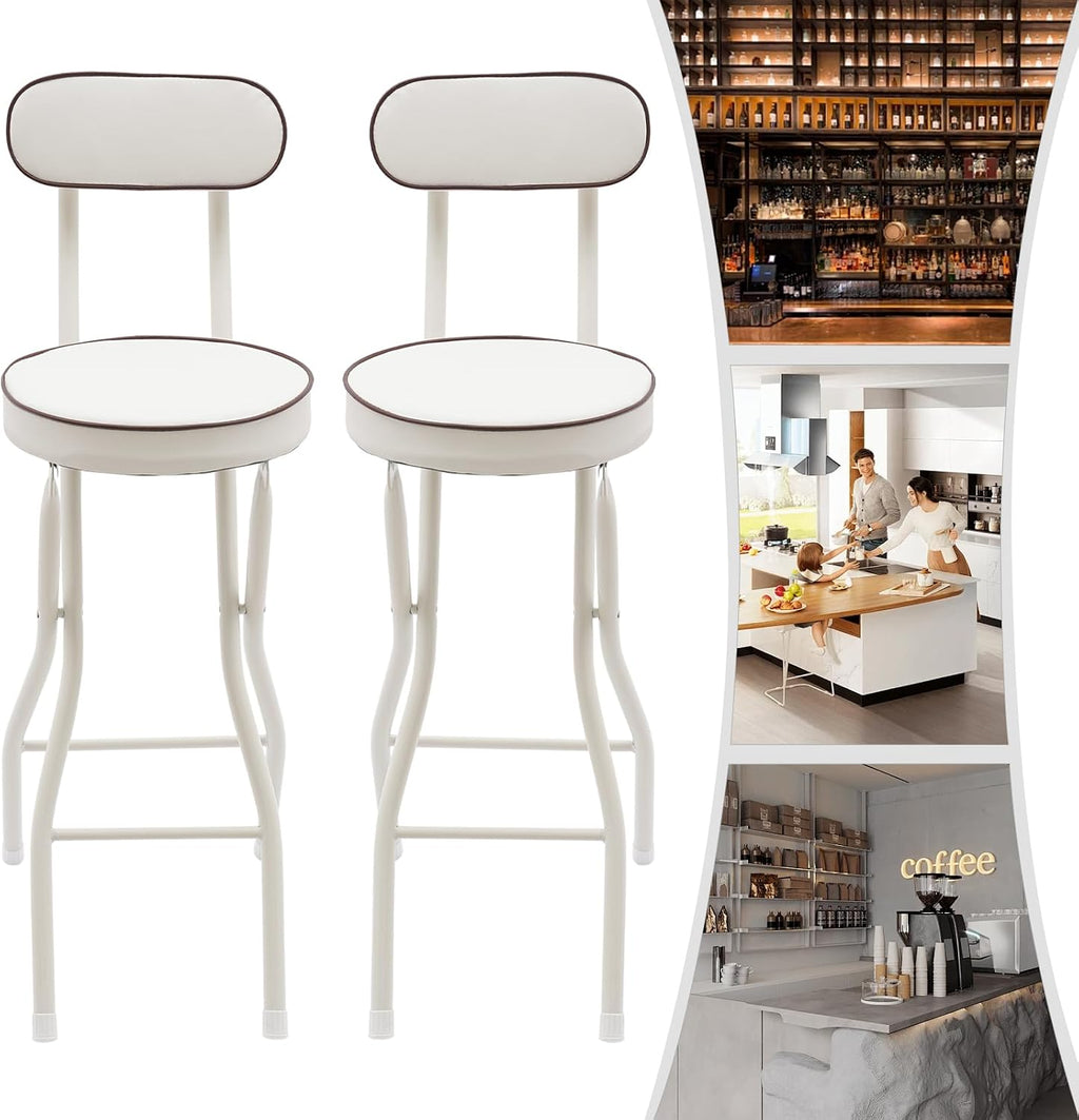 2PCS Folding Bar Stool with Back,Cushioned Padded Folding Stool,Tall Foldable Stools,Portable Bar Collapsible Stools for Kitchen Island,Restaurant,Cafe Shop (White)