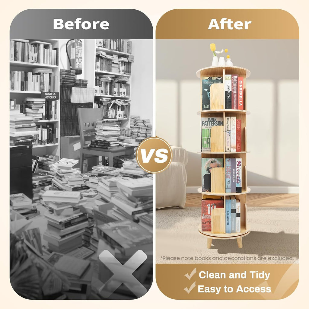 Wooden Rotating Bookshelf 360 Display Floor Standing Bookcase Storage Rack for Kids&Adults Multi-Functional Bookshelf Organizer (4-Tier)