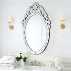 KOHROS Oval Bathroom Mirror 42" x 24" Venetian Mirror with Top Crown Floral Etched Frameless Decorative Wall Mirror for Vanity Bathroom Bedroom Living Room