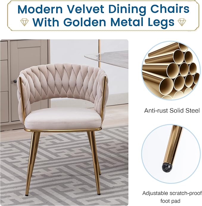 KCC Modern Velvet Dining Chairs Set of 4, Upholstered Living Room Chair with Woven Back and Golden Metal Legs, Mid-Century Accent Side Chair for Dining Room, Kitchen, Beige