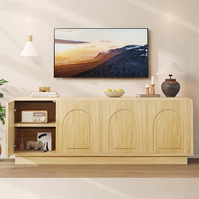 Bestier 63" Mid Century Modern TV Stand for Living Room, Wood Media Console Cabinet for TVs up to 70", Entertainment Center with 4 Arched Doors, Hidden Storage & Adjustable Shelves, Natural Oak