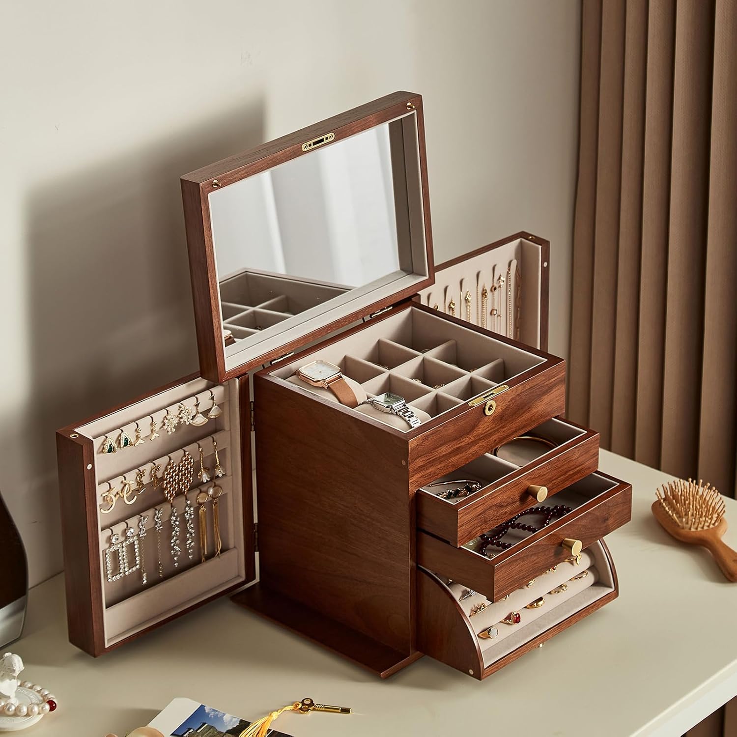 CHOSIN Black Walnut Wooden Jewelry Box, 4-Layer Lockable Organizer with Mirror, Rotatable Ring Holder,Side Doors & Brass Handle, Classical Design for Rings, Necklaces, Earrings, Christmas Gifts