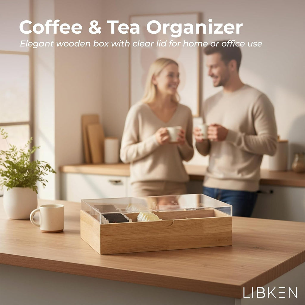 Wooden Tea Bag Organizer Box – 8 Compartment Tea Storage with Clear Lid – Minimalist Scandinavian Design – Versatile Wooden Tea Box for Tea Bags, Jewelry, Crafts, Office & Countertop Storage