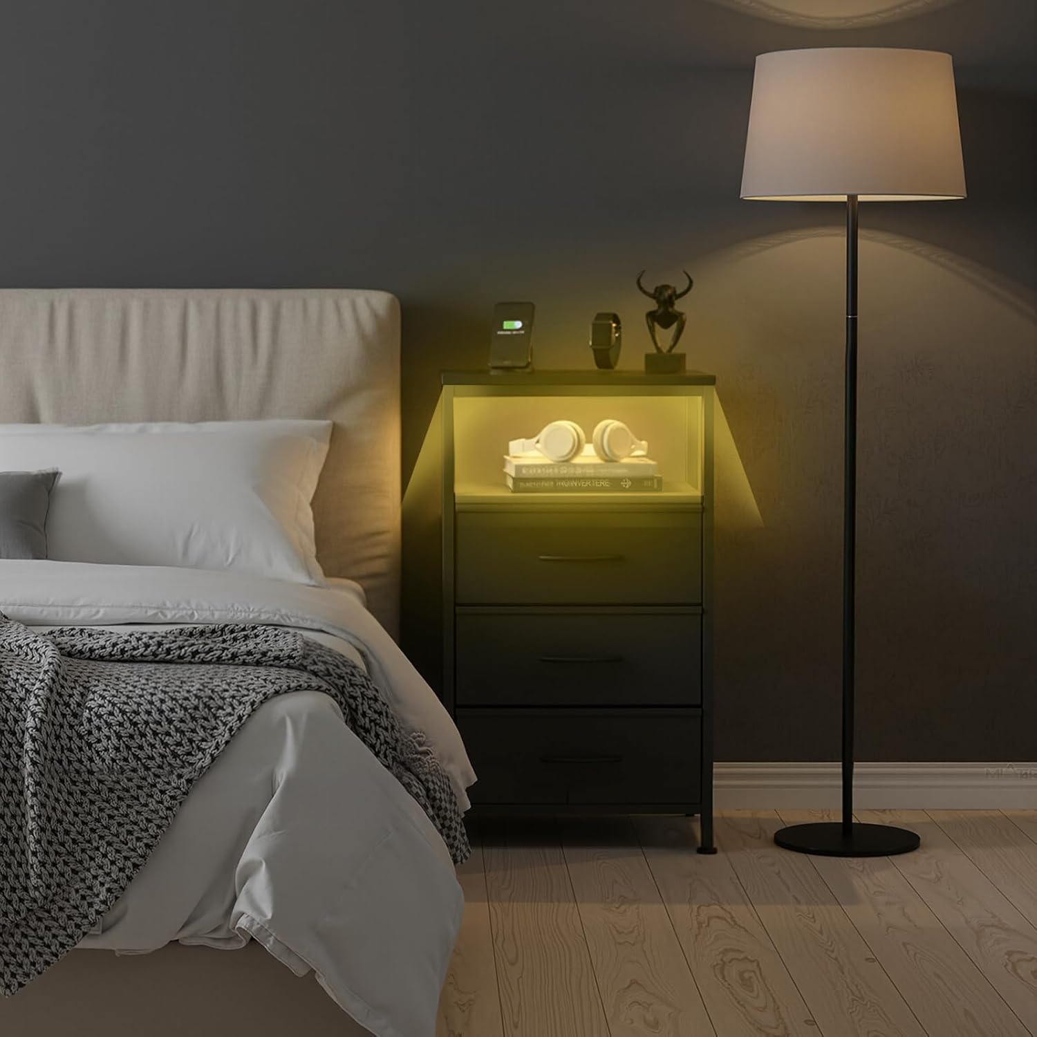 Sweetcrispy Nightstand with Charging Station 3 Fabric Drawers Bedside Table | Night Stand with USB Type-C Ports, AC Outlets & Dimmable LED Light Strip, Modern Black Bedroom End Table
