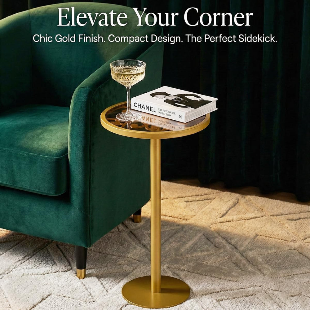 Gold Drink Table, Indoor Outdoor Small Round Side Table with Tempered Glass T...
