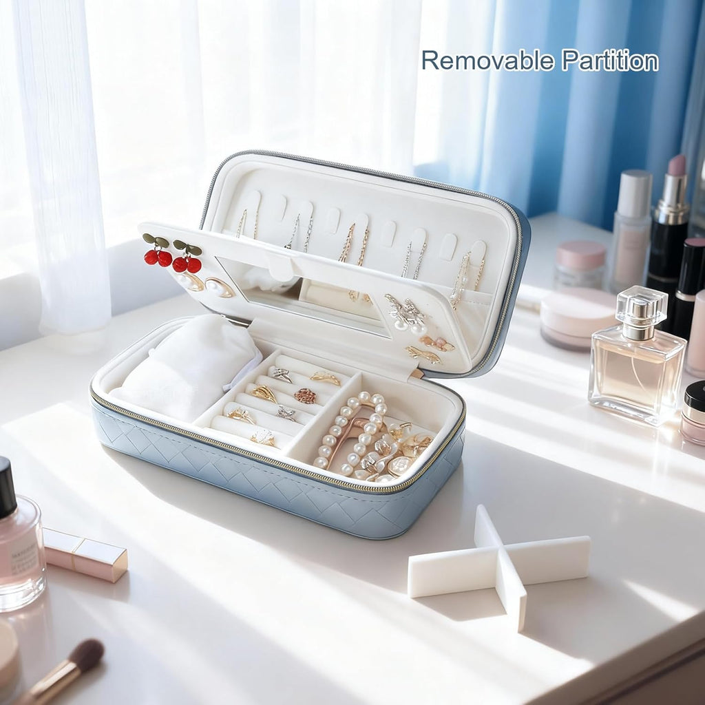DesignSter Jewelry Organizer, Small Portable Travel Jewelry Storage for Women, Woven Embossed PU Jewelry Case with Mirror for Ring Earring Necklace Bracelet