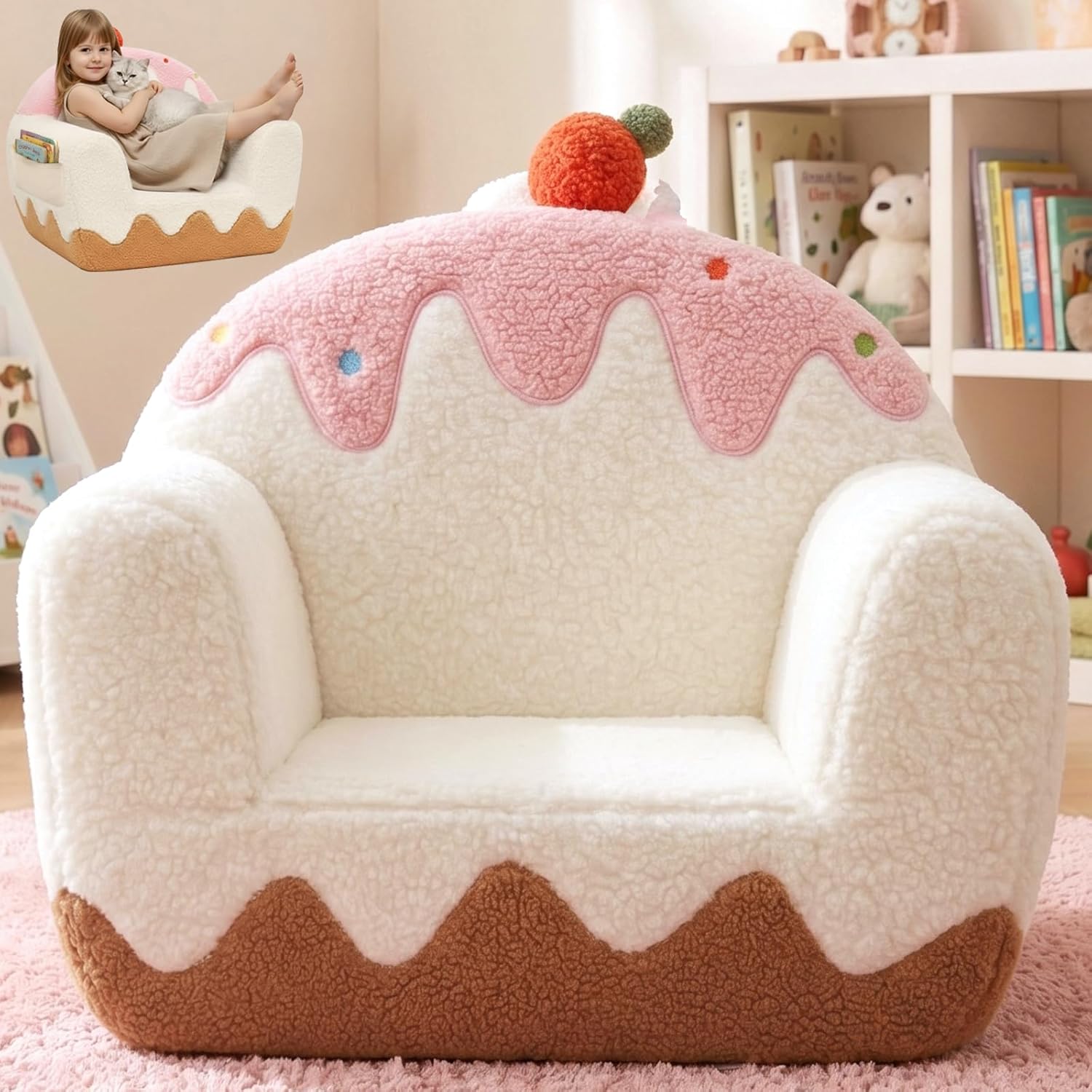Kids Chair Comfy for Girls 1-6 Years Old, Soft Sherpa Toddler Sofa | Carry Handle, Book Pocket