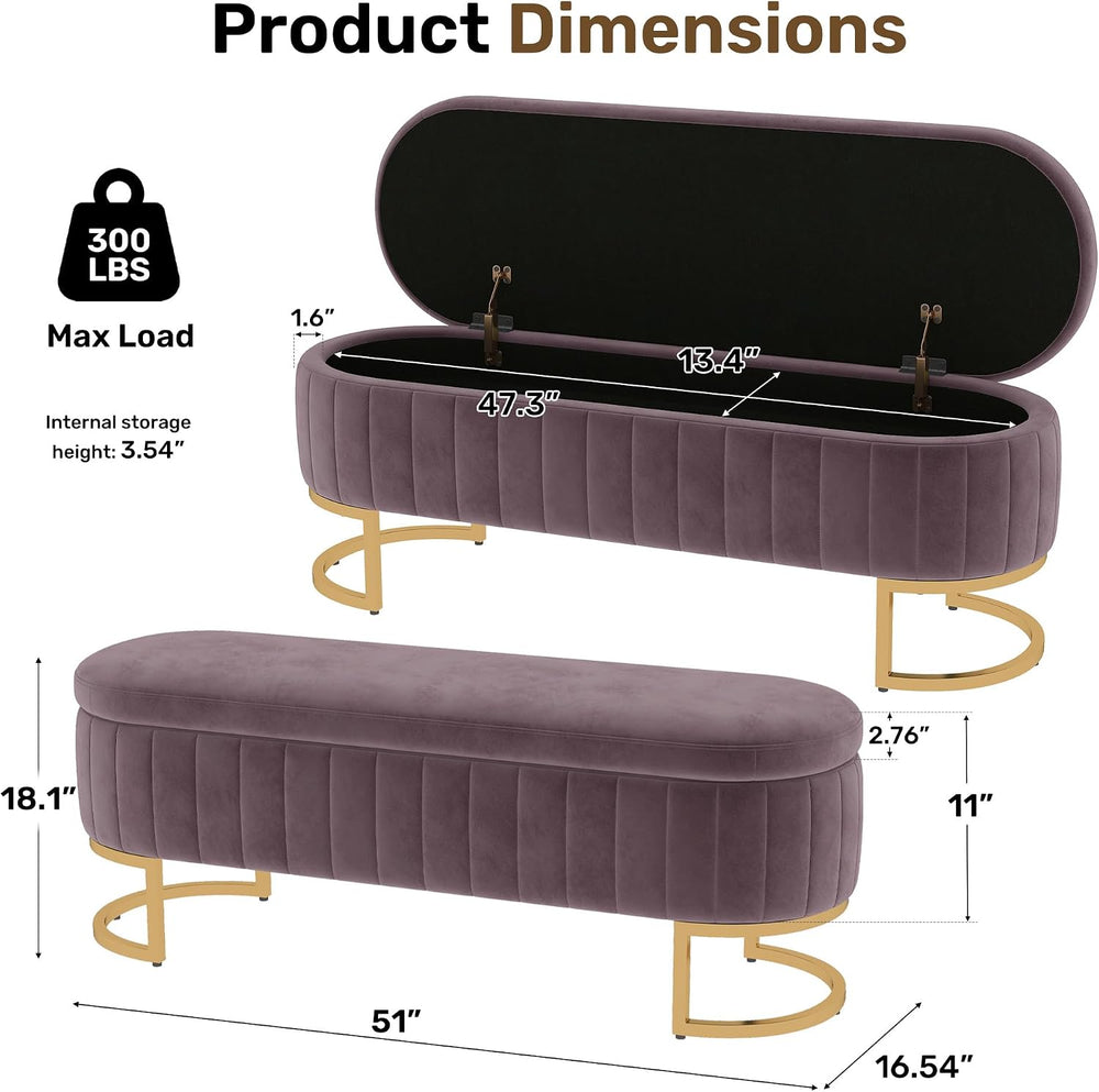 51" Velvet Storage Ottoman Bench End of Bed for Bedroom Entryway Purple ...